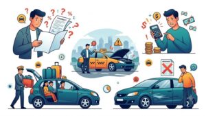 Иллюстрация с автомобилем и символами ошибок при выборе ежемесячного проката авто для такси