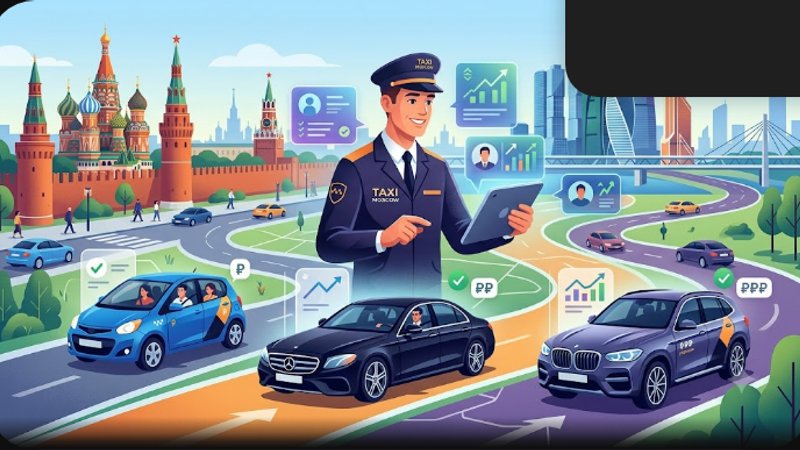 Современная иллюстрация с автомобилями разных классов для выбора такси в Москве в 2026 году